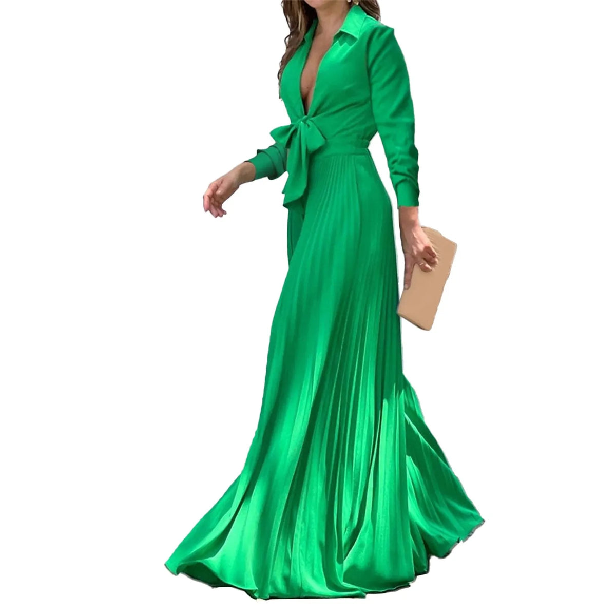 Women Elegant High Waist Long Sleeve Deep V Neck Bow Tie Collar Maxi Dress
