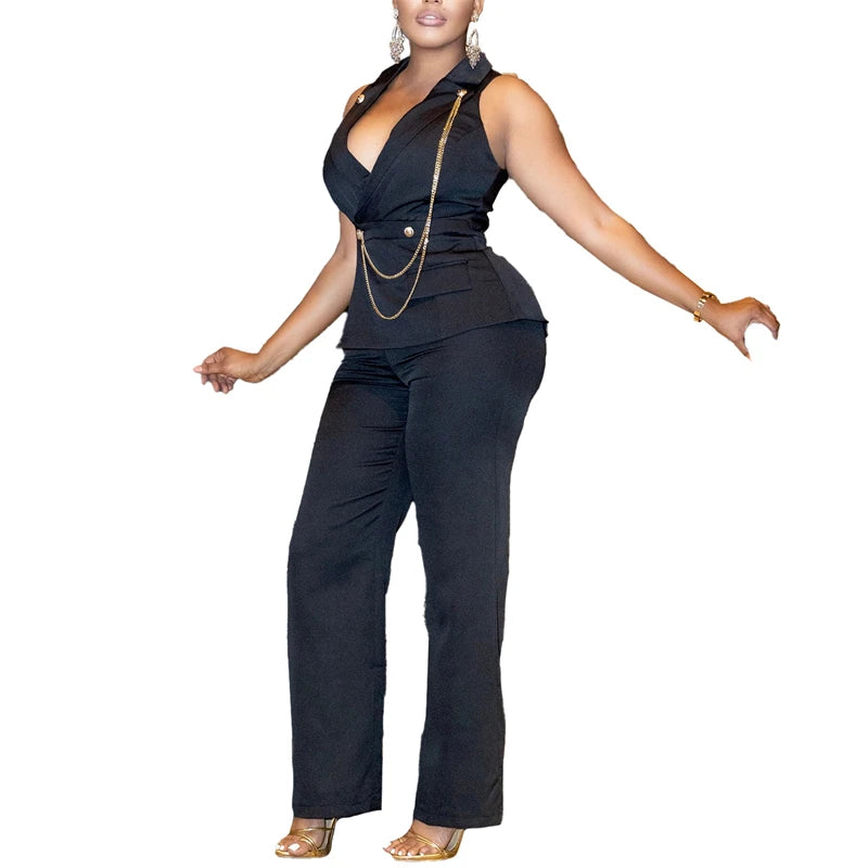 Women Elegant Blazer Sleeveless V-Neck Straight Pant Romper