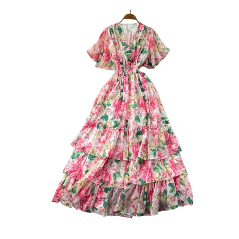 French Style Floral Retro V-neck Ruffle Sleeve High Waisted Chiffon Dress