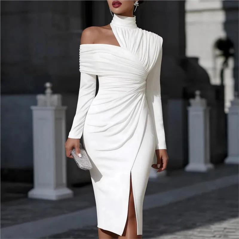 Women's Elegant Off Shoulder High Neck Midi Ruched Dress With Split
