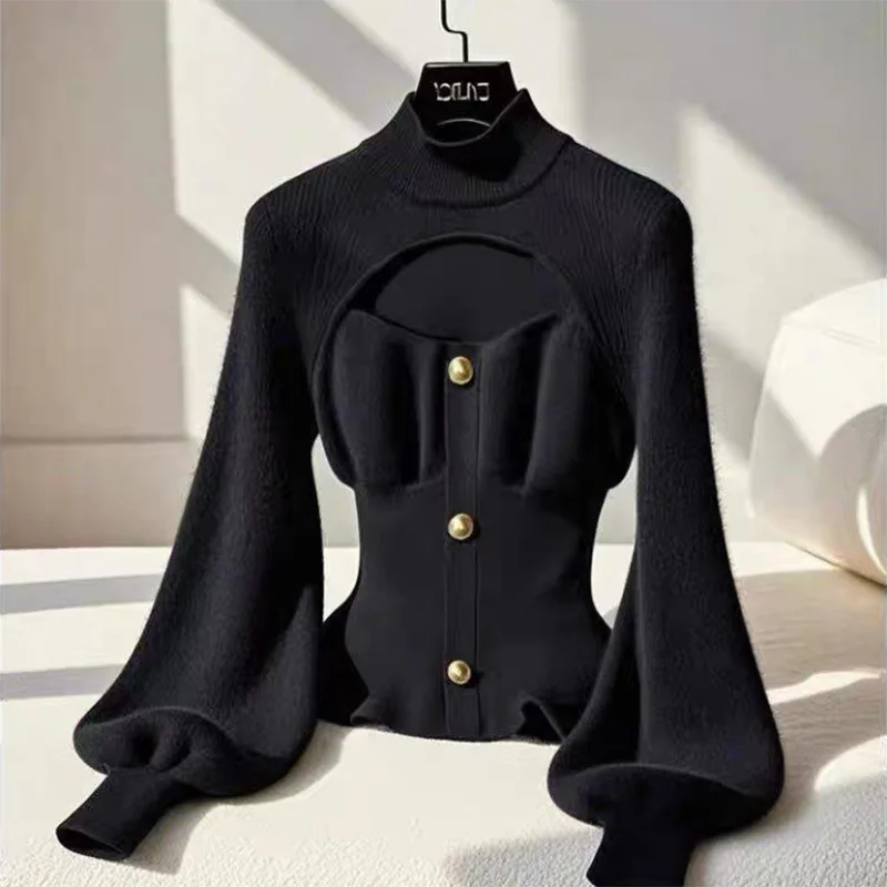 Black High-Neck Knitwear Slimming Waist Designer Sweater