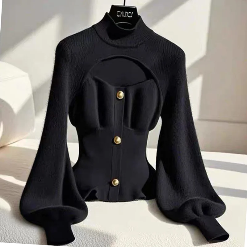 Black High-Neck Knitwear Slimming Waist Designer Sweater