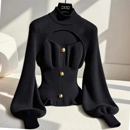 Black High-Neck Knitwear Slimming Waist Designer Sweater