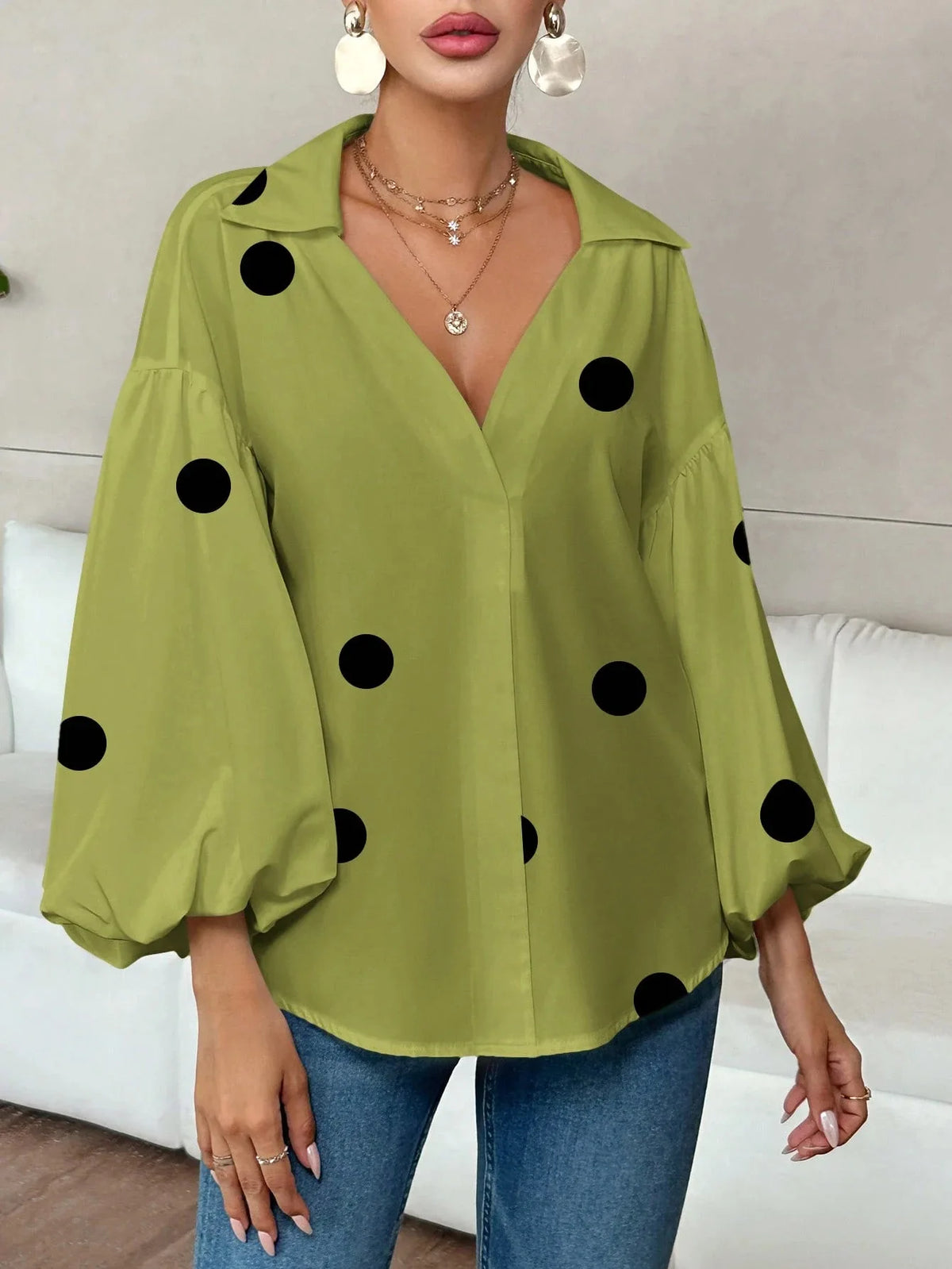 French Polka Dot Print Long Sleeve Casual V-Neck Oversized Blouse