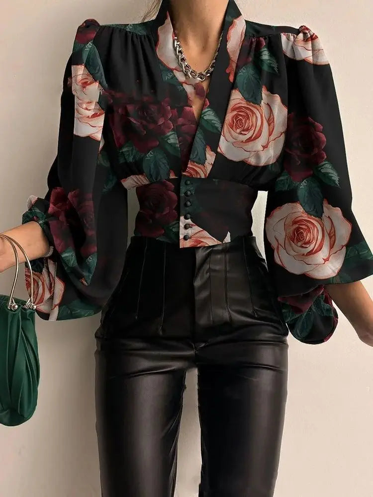 Designer V Neck Slim Fit Cropped Top High Waist Blouse