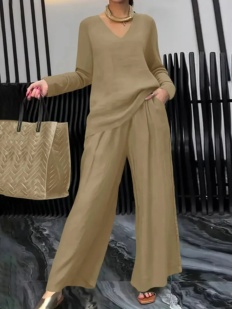 Summer Fashionable V-neck Top+ Long Pants 2 Piece Set