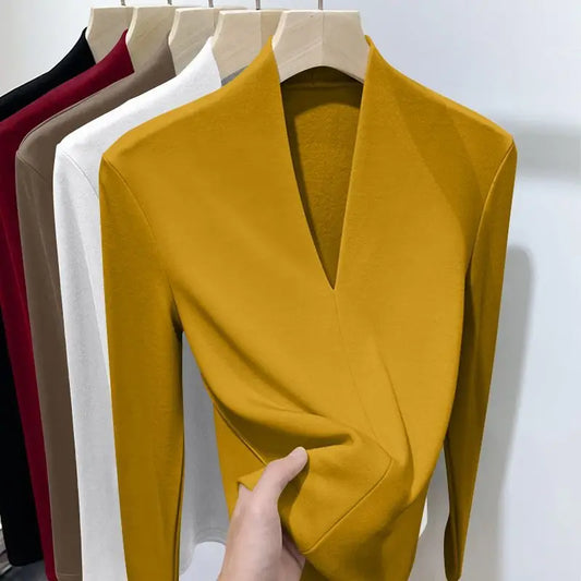 Women's Solid Color V Neck Long Sleeve Pullover Sweater