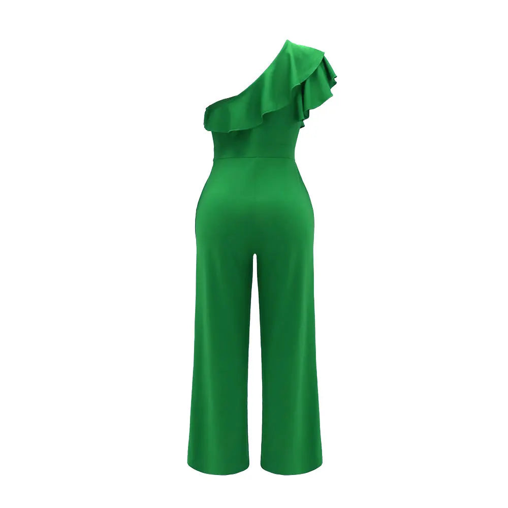 Ruffle One Shoulder Elegant Solid Color Jumpsuit