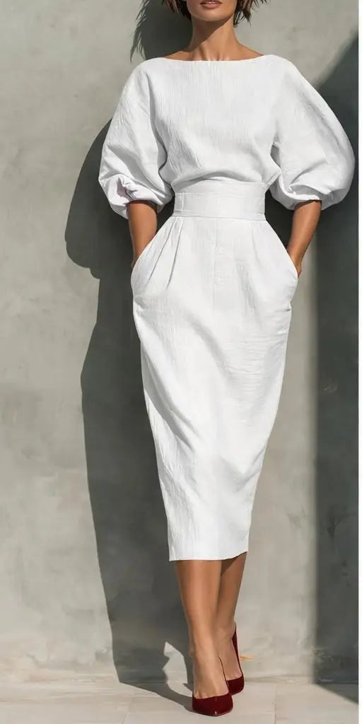 Women O-neck Lantern Sleeve Pocket Midi High Waist Pleated Wrap Hip Dress