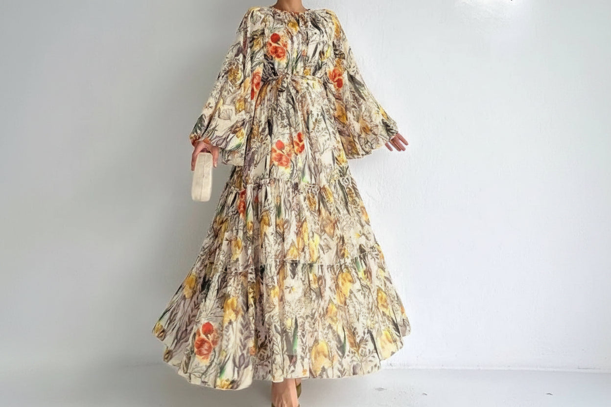 Women's Floral Printed Long-sleeved Chiffon Lace-up Dress