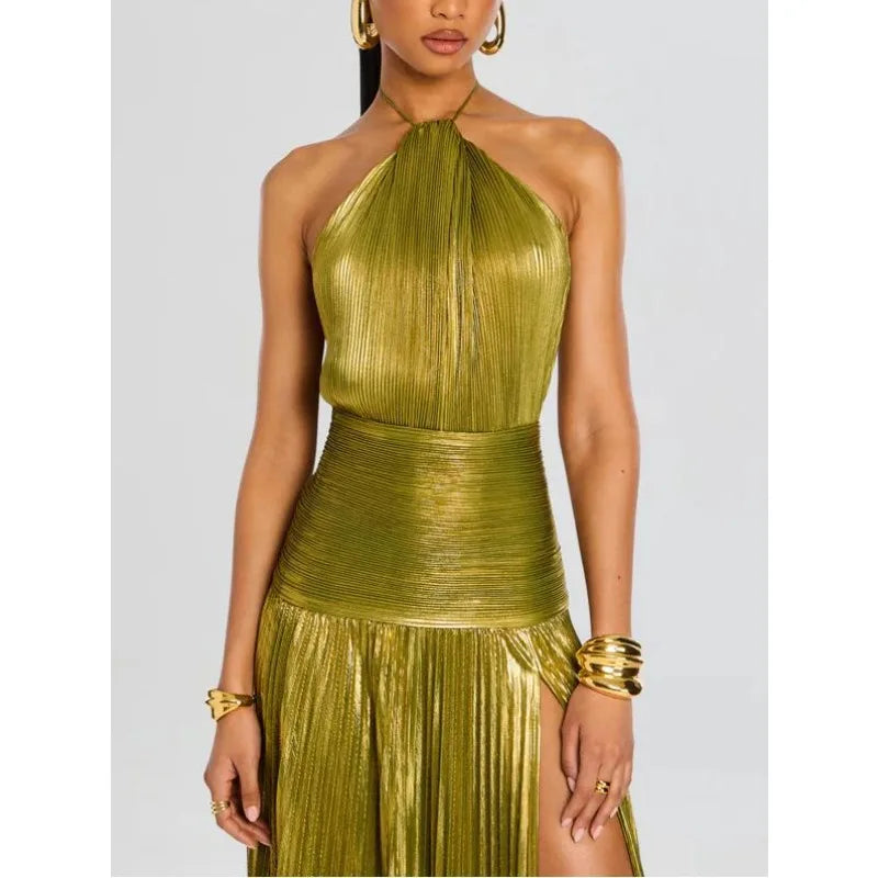 Metallic Gold Off Shoulder Backless Halter Long Dress w/ High Split