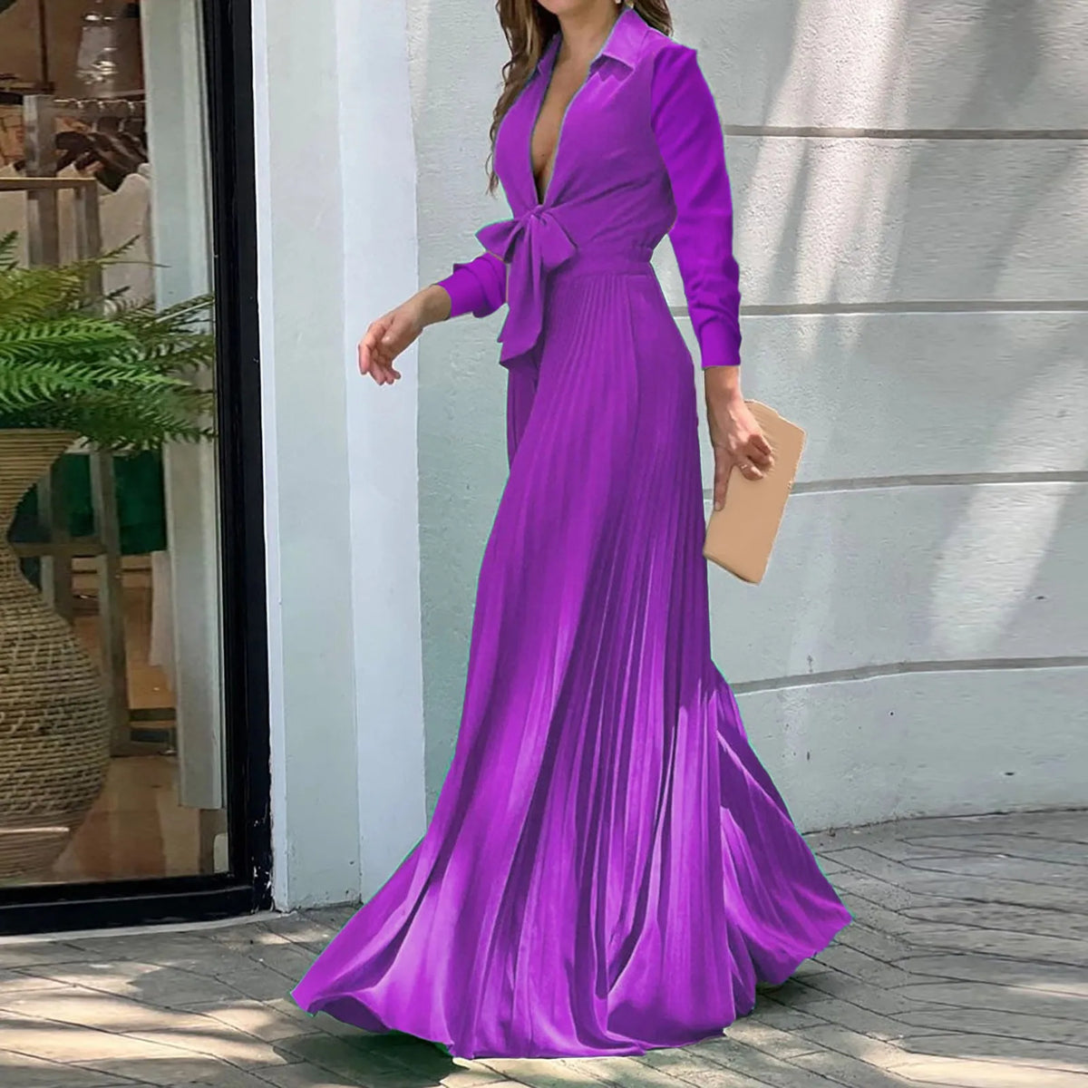 Women Elegant High Waist Long Sleeve Deep V Neck Bow Tie Collar Maxi Dress