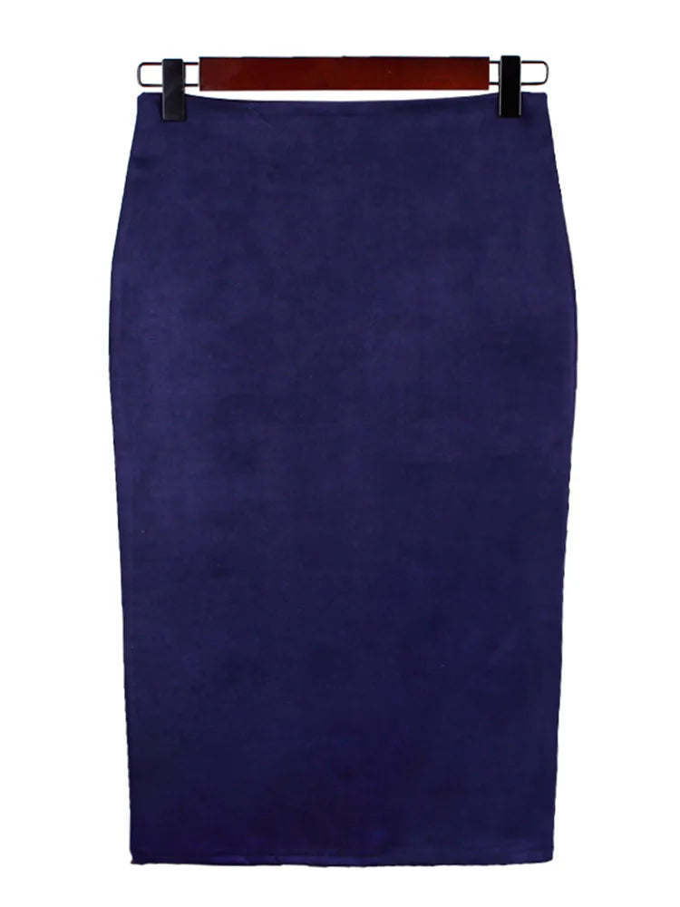 Sexy Multi Color Suede Elastic High Waist BodyCon Midi Pencil Skirt