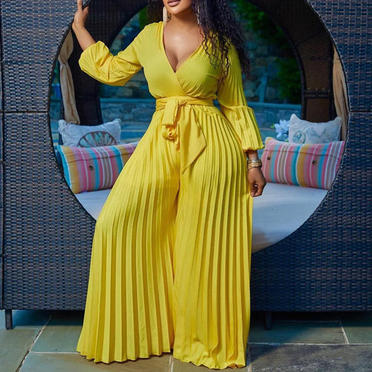 Elegant Pleated Full Sleeve V Neck High Waisted Jumpsuit
