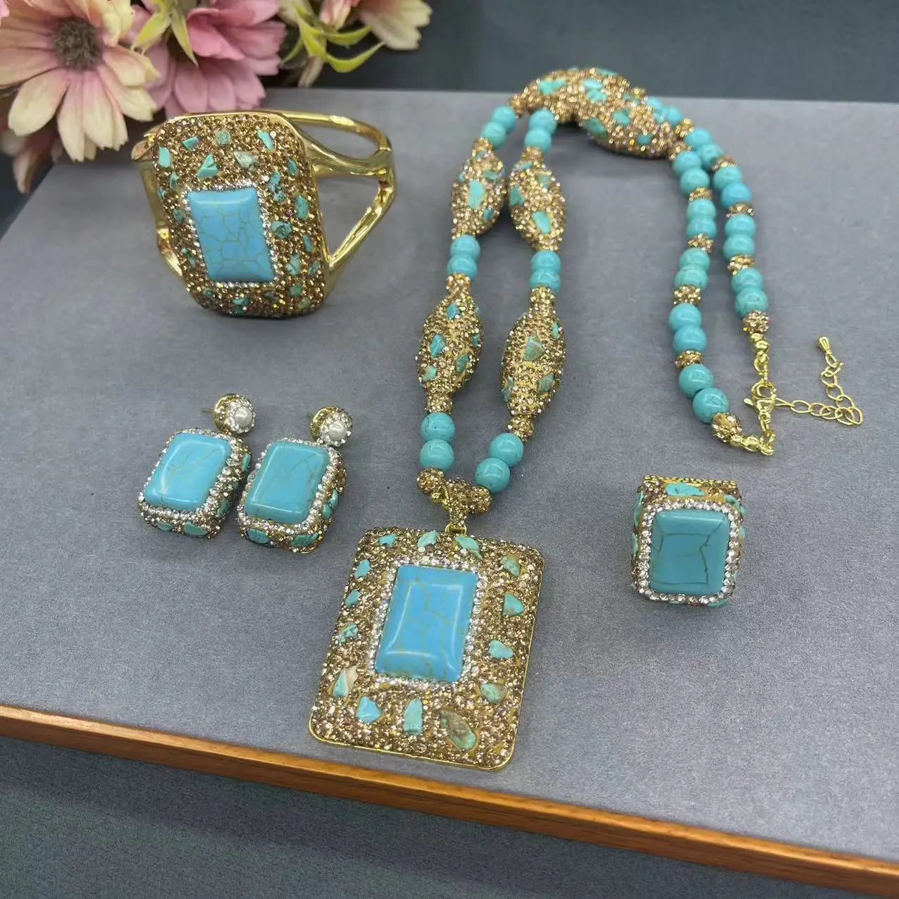 Vintage Turquoise Jewelry Necklace Earrings Ring Bracelet Set for Women