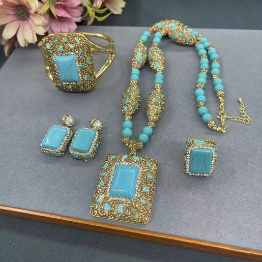Vintage Turquoise Jewelry Necklace Earrings Ring Bracelet Set for Women