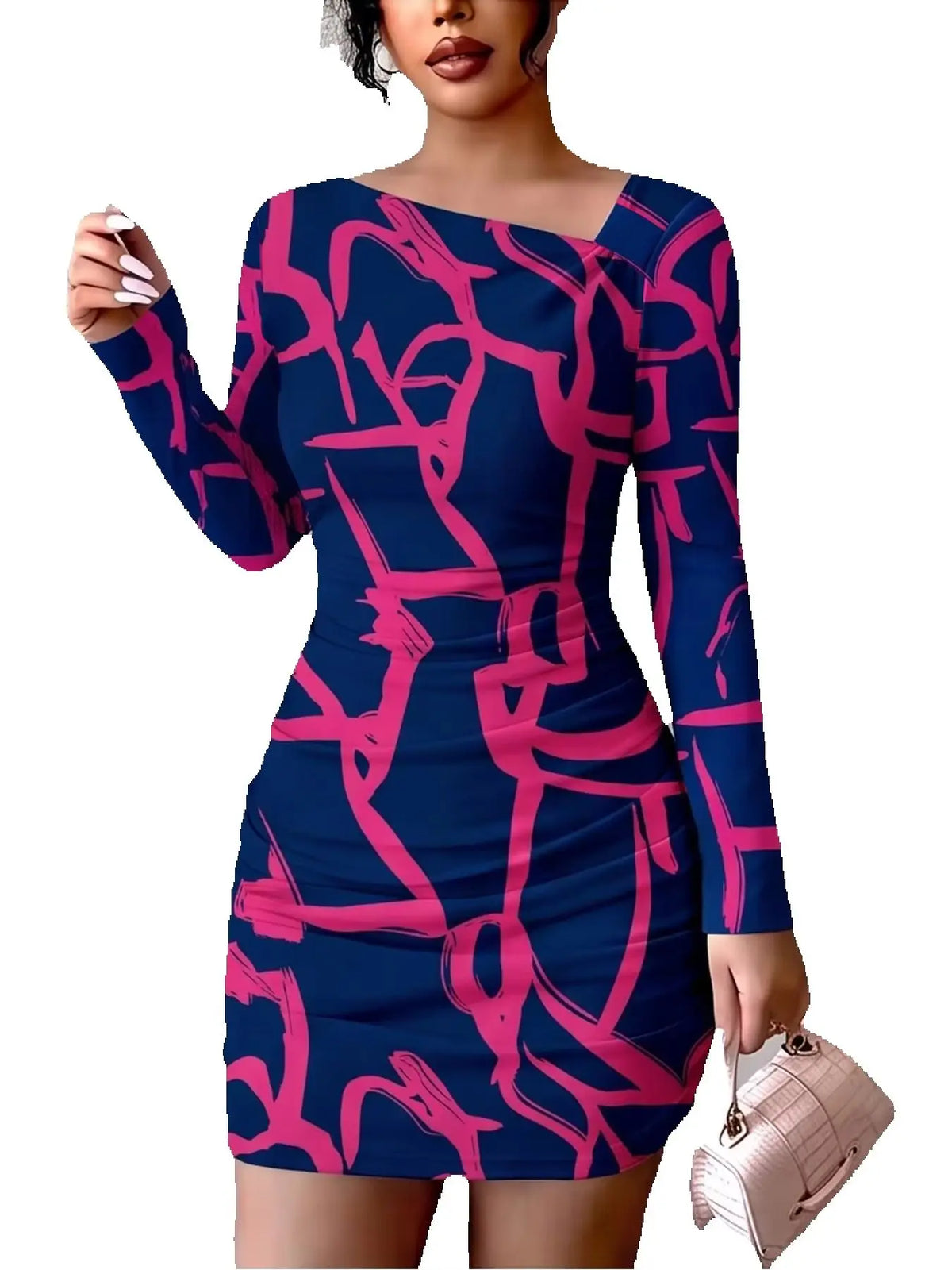 Women's Blue and Magneta Geometric Pattern Long Sleeve Slanted Collar BodyCon Dress