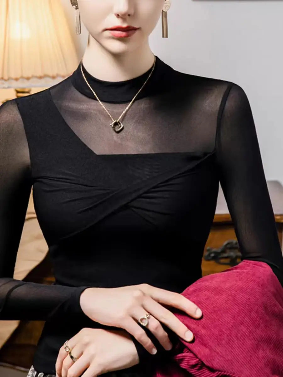 Women Long Sleeve One Shoulder Mesh Turtleneck Designer Blouse