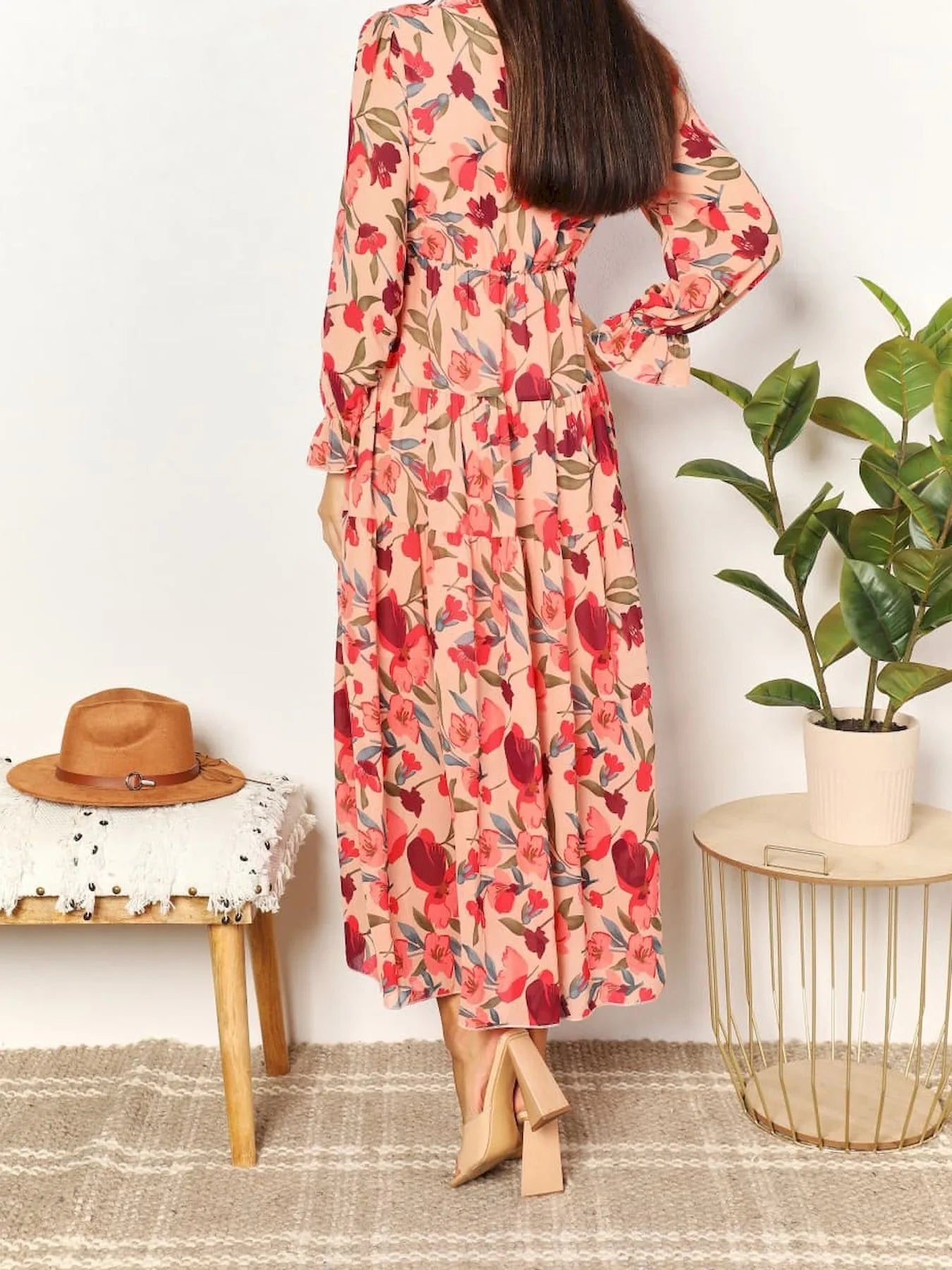 Elegant Floral Print Ruffle Layered Long Sleeved Chiffon A Line Long Maxi Dress