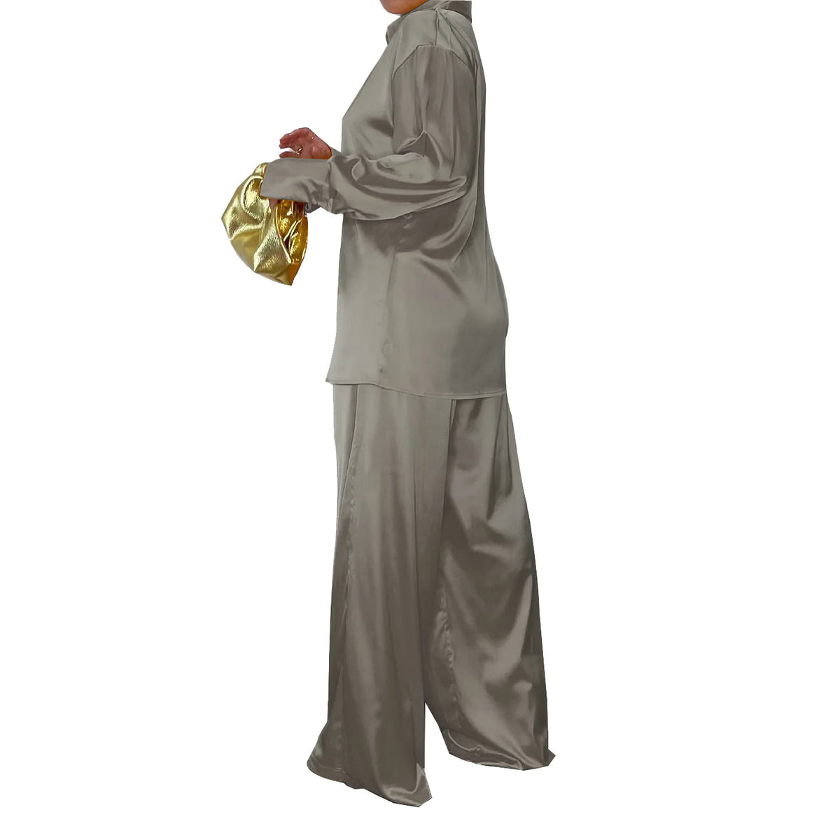 Elegant Satin Women's Long Sleeve Tracksuit And Wide Leg Pants