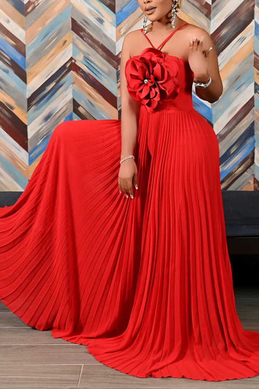 Chiffon Flower Sleeveless Pleated Wide Leg Jumpsuit