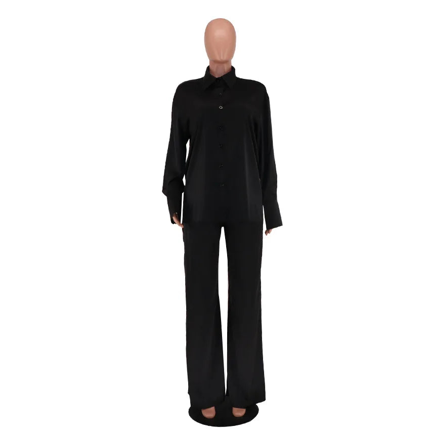 Elegant Satin Women's Long Sleeve Tracksuit And Wide Leg Pants