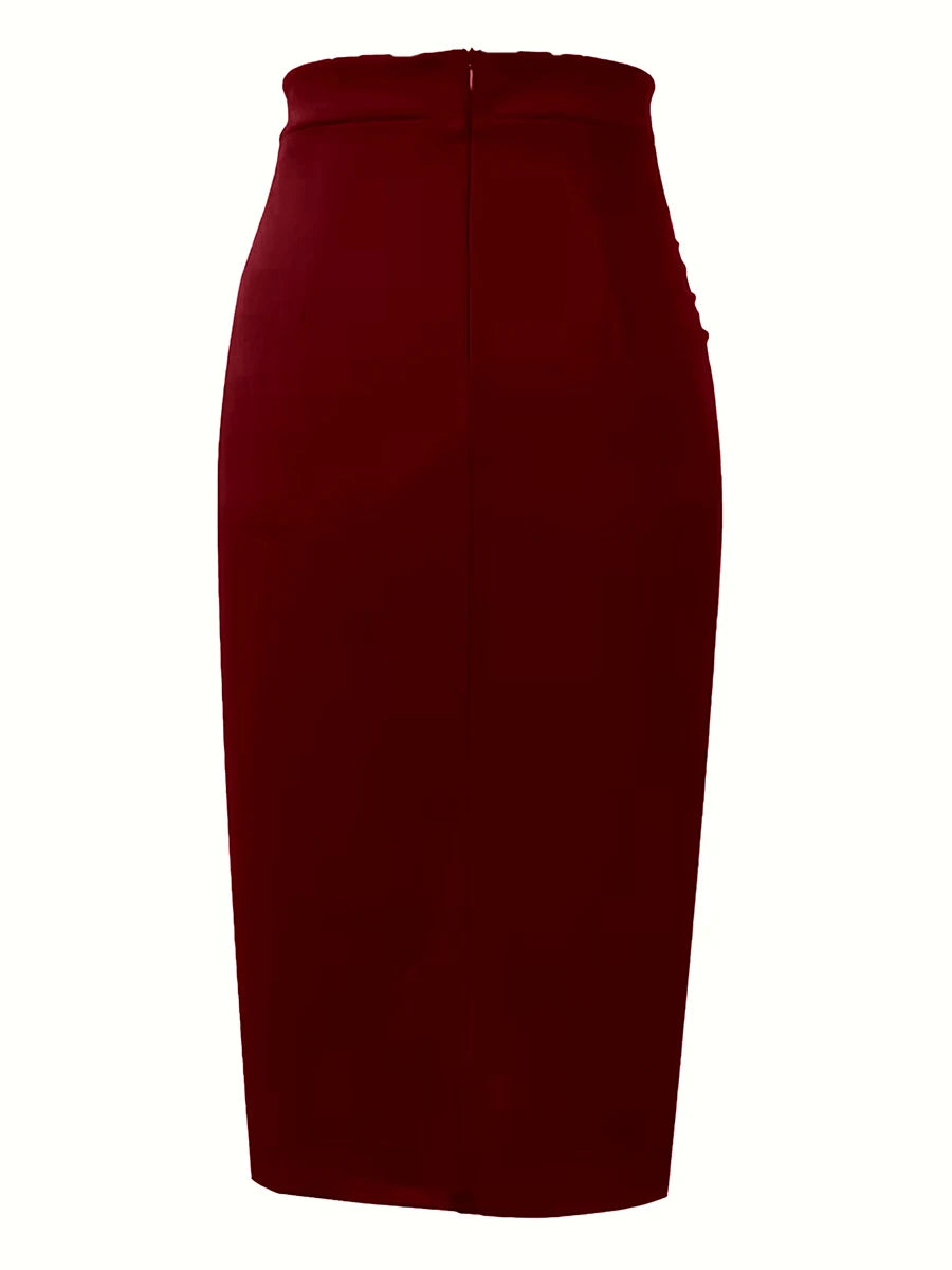 Women's Burgundy Ruffle High Waist Stretch Slim Fit Pencil Midi Skirt, w/ Side Split