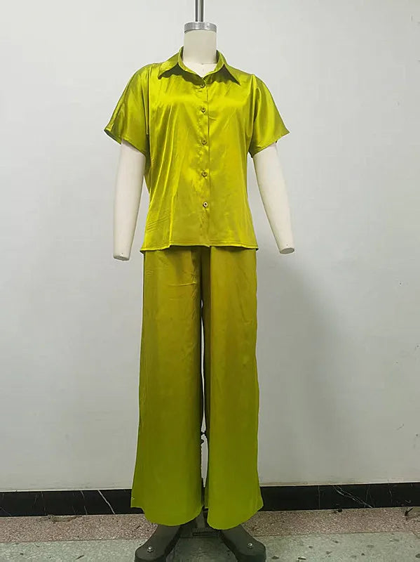 Women Two Piece Turn Down Collar Short Sleeve Shirt & Wide High Waist Leg Long Pants