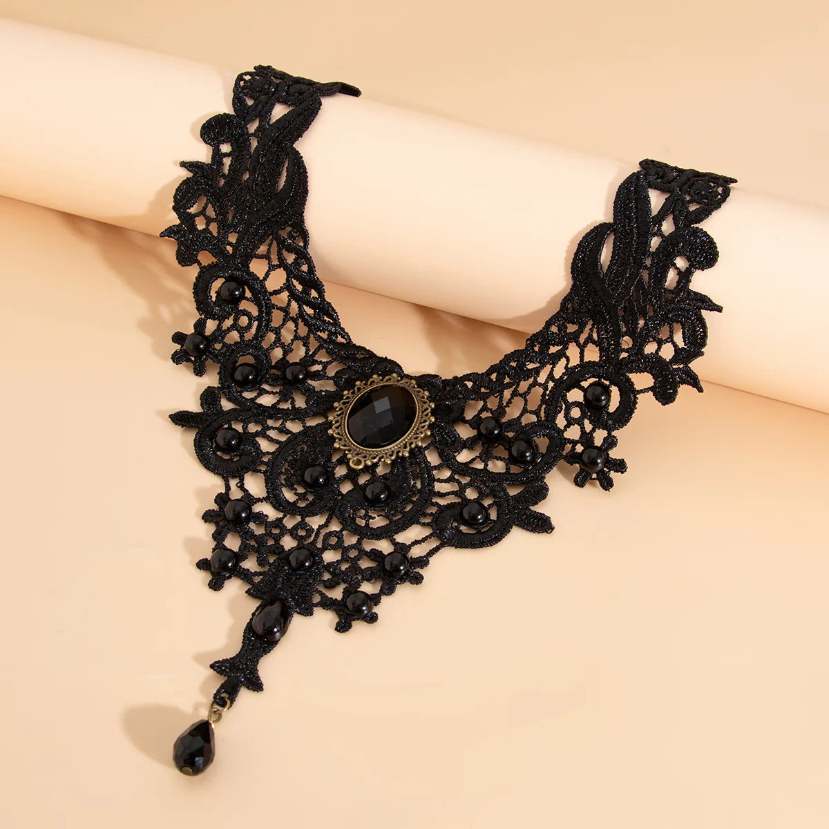 Fashion Vintage Gem Black Lace Bead Necklace