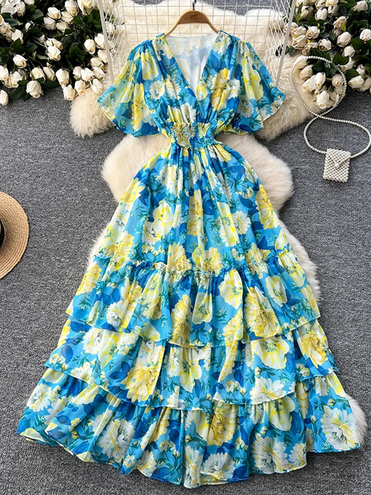 French Style Floral Retro V-neck Ruffle Sleeve High Waisted Chiffon Dress
