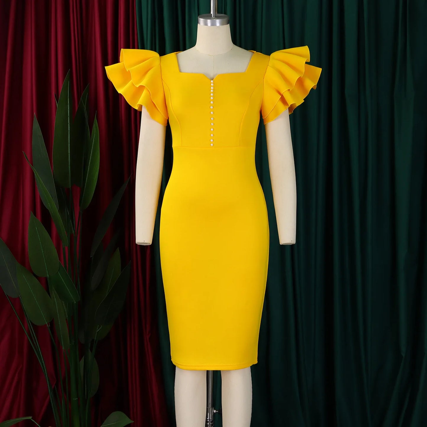 Designer Nail-Beaded Lotus Sleeve A-Line Dress