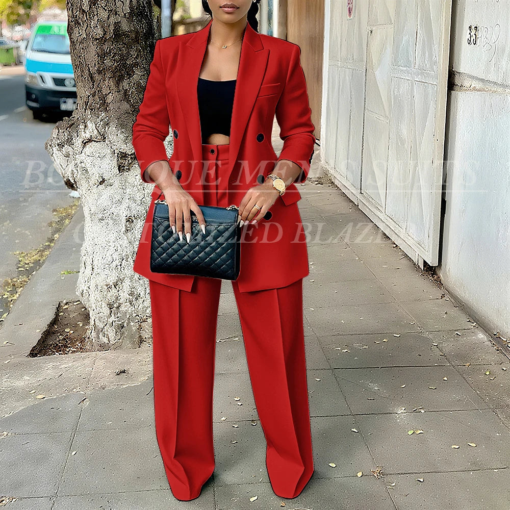 Elegant Women's Double Breasted Peak Lapel Blazer and Pleated Trouser Pants 2pc Suit