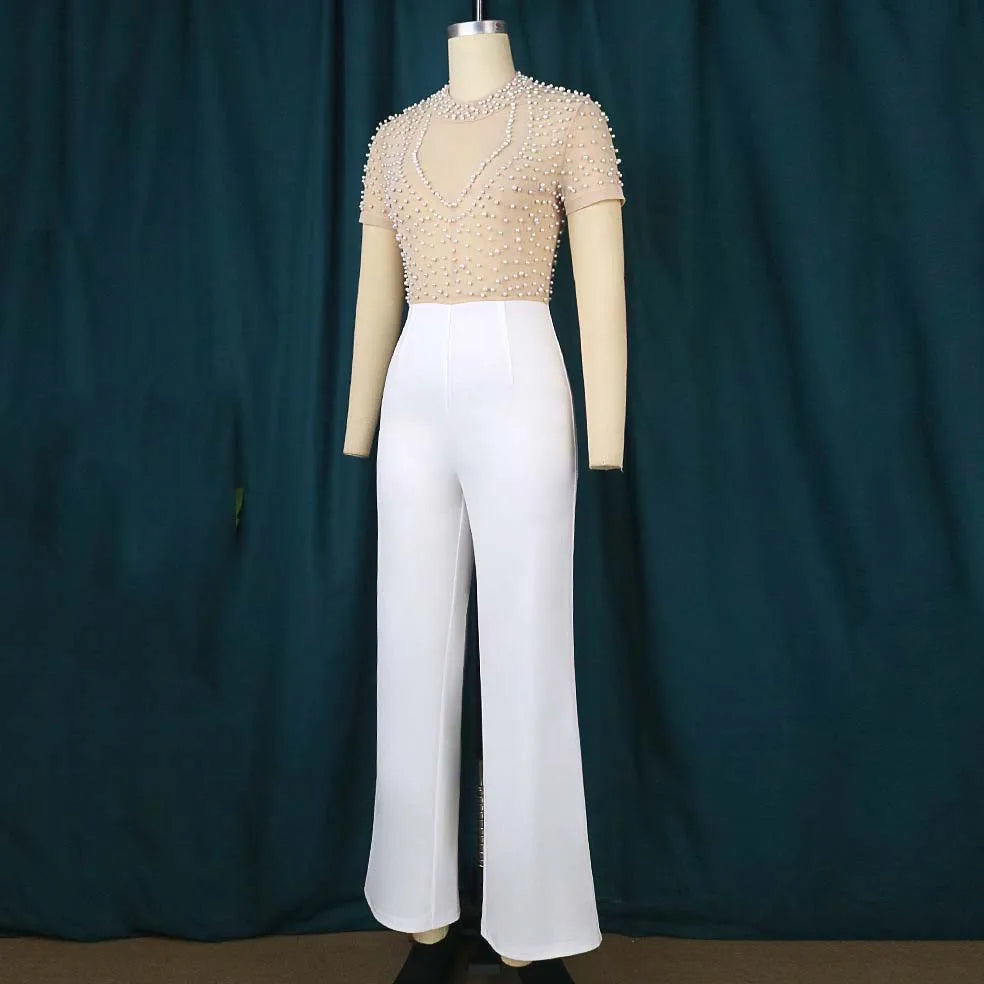 Elegant Women O Neck Short Sleeve Beaded High Waisted Luxury Jumpsuit