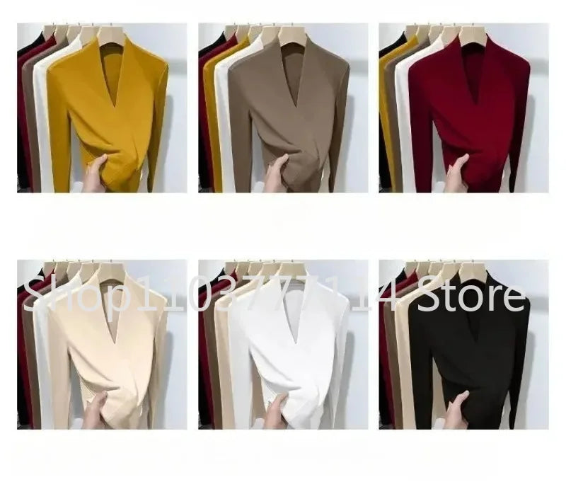 Women's Solid Color V Neck Long Sleeve Pullover Sweater