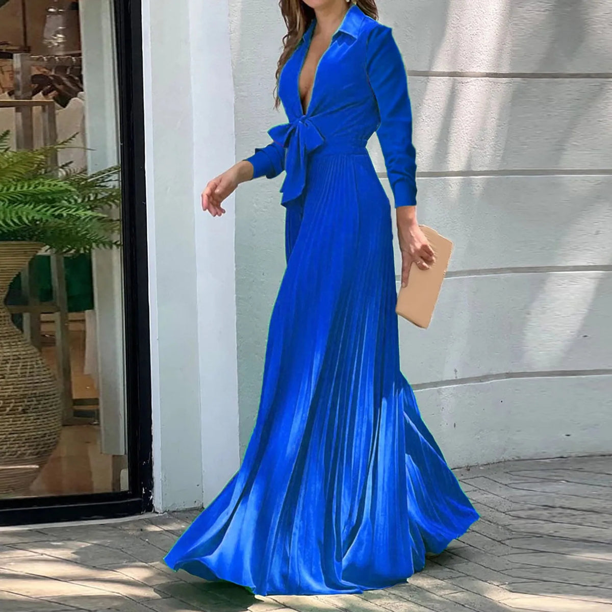 Women Elegant High Waist Long Sleeve Deep V Neck Bow Tie Collar Maxi Dress