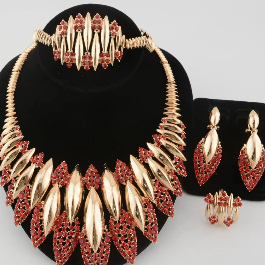Women Luxury Dubai style Plated 4pcs Necklace Earrings Ring & Bracelet Set