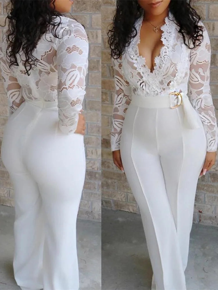 Women White Lace Stitching Long Sleeve V-neck Wide Leg Pants With Belt Romper
