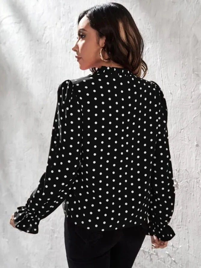 Women's Elegant Professional V-neck Polka Dot Long Sleeved Casual Chiffon Blouse