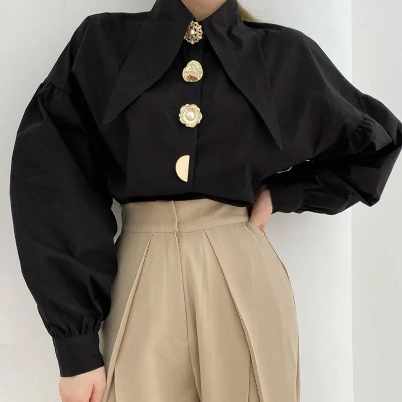 Women's Long Sleeve Pointed Collar Designer Button Down Blouse