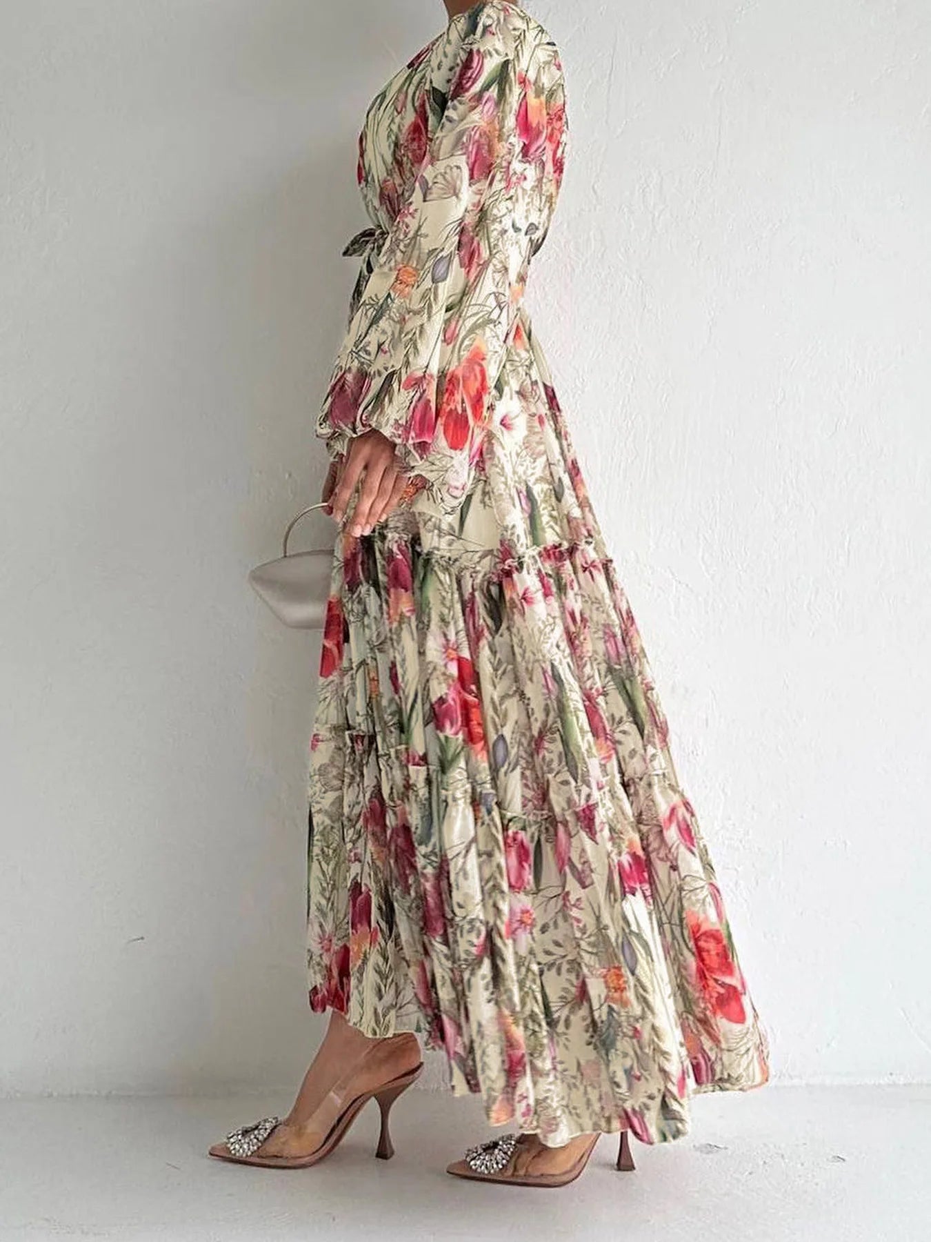 Women's Floral Printed Long-sleeved Chiffon Lace-up Dress