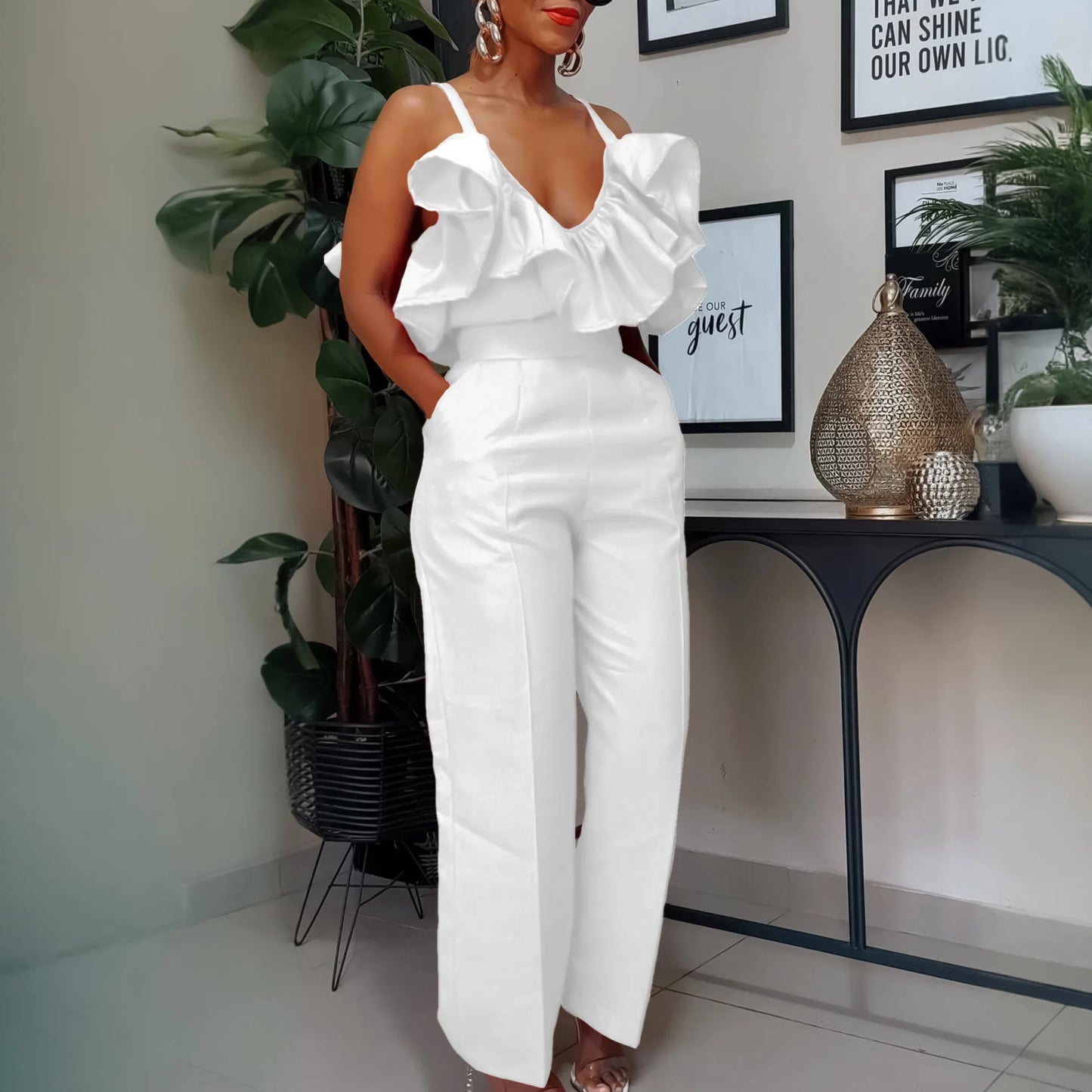 Designer Deep V Neck Ruffles High Waist Pants Jumpsuit