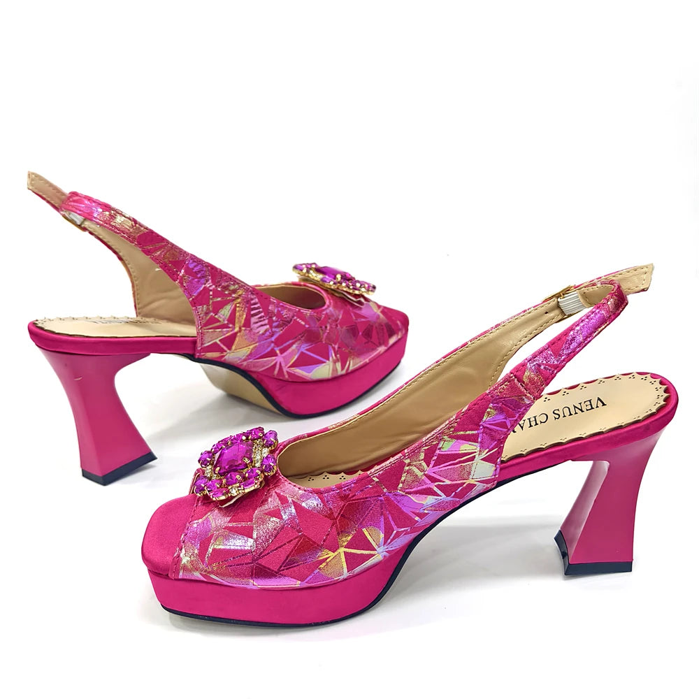 Elegant Women Peep Toe Designer Rhinestone Italian Shoes and Matching Bags
