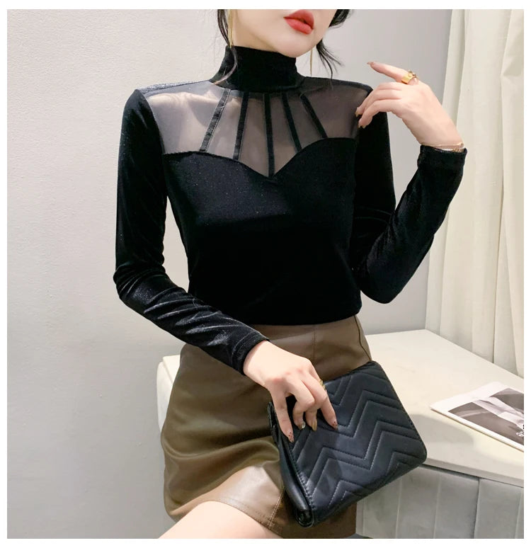 Velvet Mesh Slim T Designer Long Sleeve Turtleneck