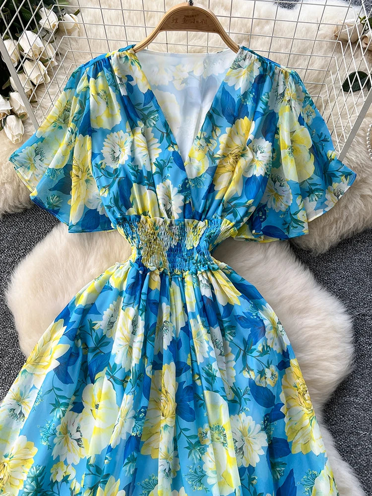 French Style Floral Retro V-neck Ruffle Sleeve High Waisted Chiffon Dress