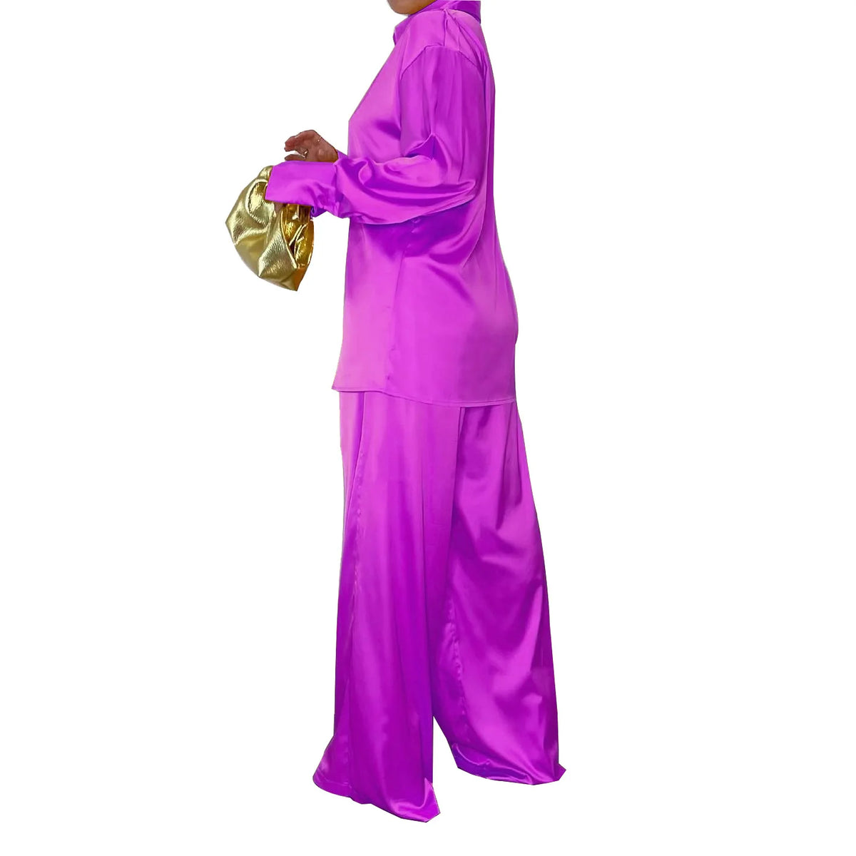 Elegant Satin Women's Long Sleeve Tracksuit And Wide Leg Pants