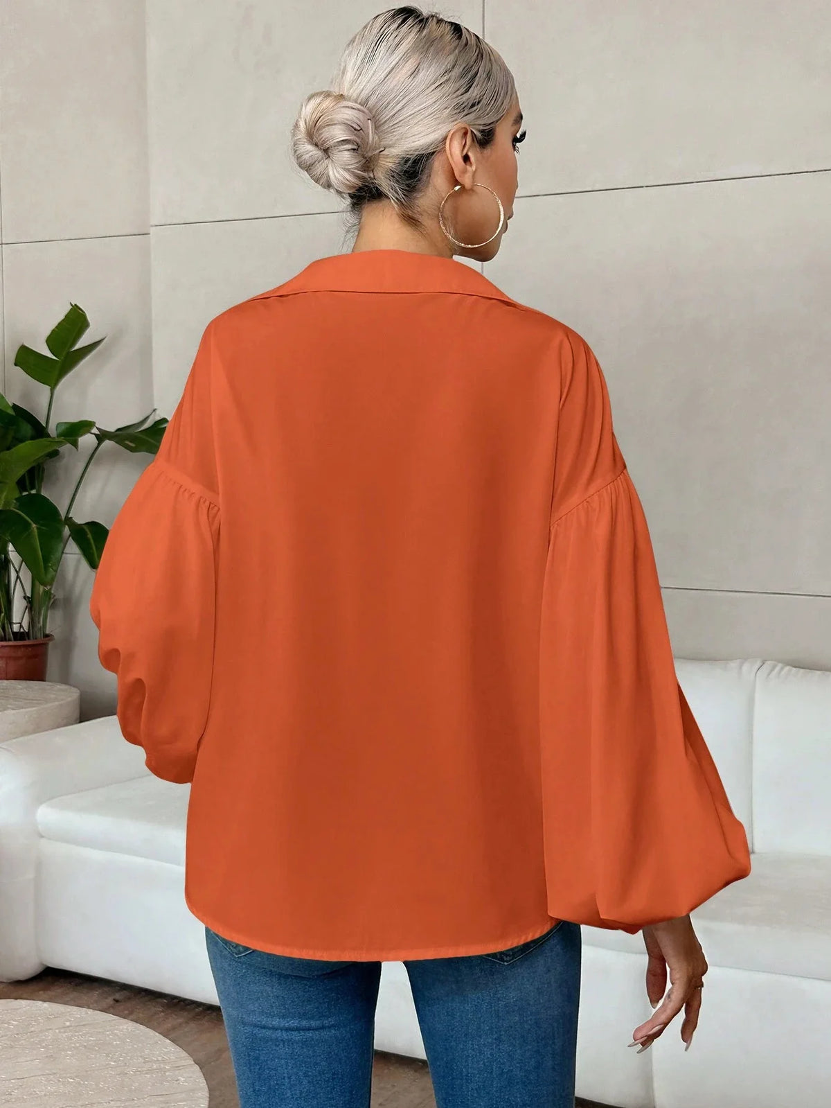 French Polka Dot Print Long Sleeve Casual V-Neck Oversized Blouse