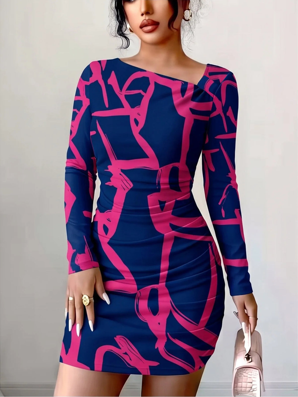 Women's Blue and Magneta Geometric Pattern Long Sleeve Slanted Collar BodyCon Dress