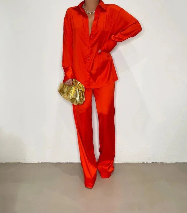 Elegant Satin Women's Long Sleeve Tracksuit And Wide Leg Pants