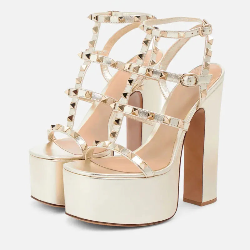 Women's Thick Soled Patent Leather Stage Runway High Heels with Rivets