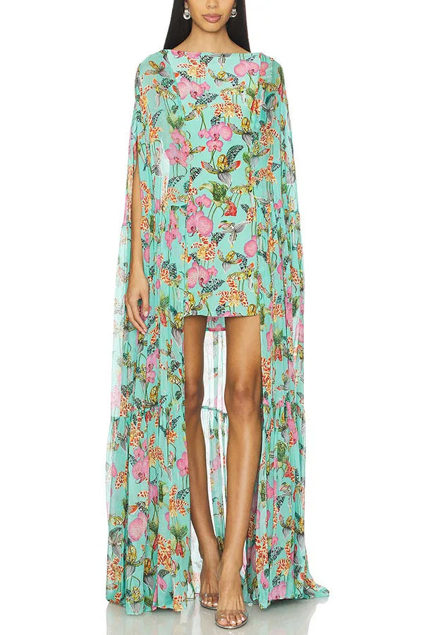 Flower Print Chiffon Big Hem Slim Mini Designer Dress